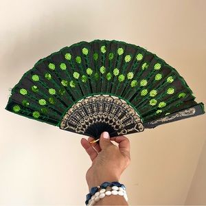 Decorative Black and green sequin hand held fan from China